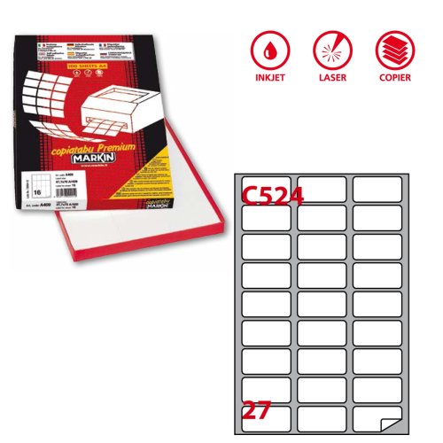 Etichette adesive C/524 - in carta - permanenti - 56 x 28 mm - 27 et/fg - 100 fogli - bianco - angoli tondi - Markin